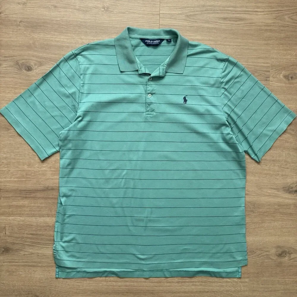 Polo Golf Ralph Lauren Polo Shirt Mens L Green Blue Striped Pima Cotton Knit